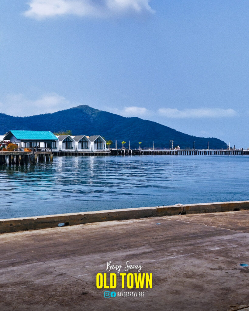 An aerial view of scenic mountain and Baan Tah on the Sea resort in Old Town, Bang Saray, Thailand.